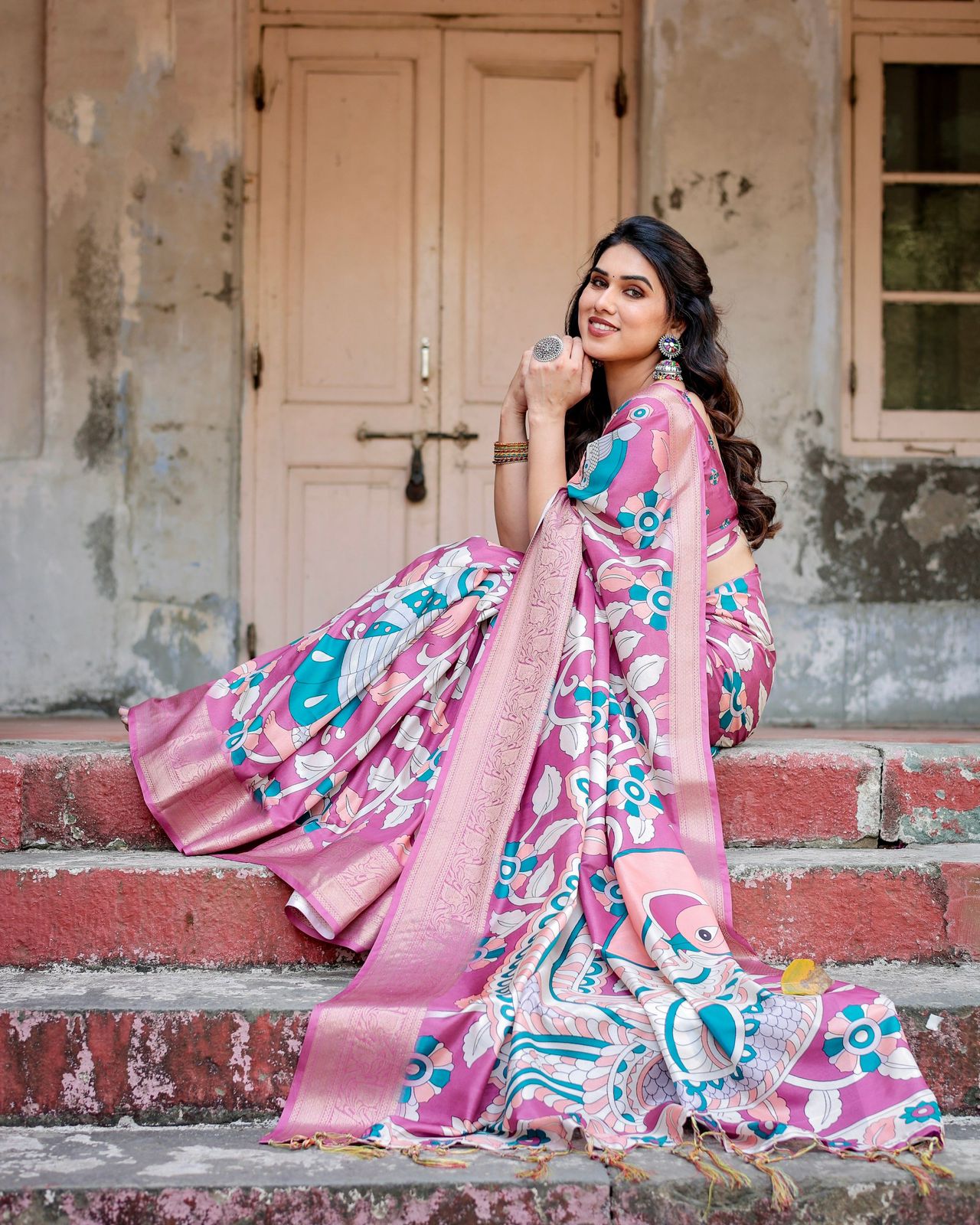 Imposing Pink Color Printed Silk Saree