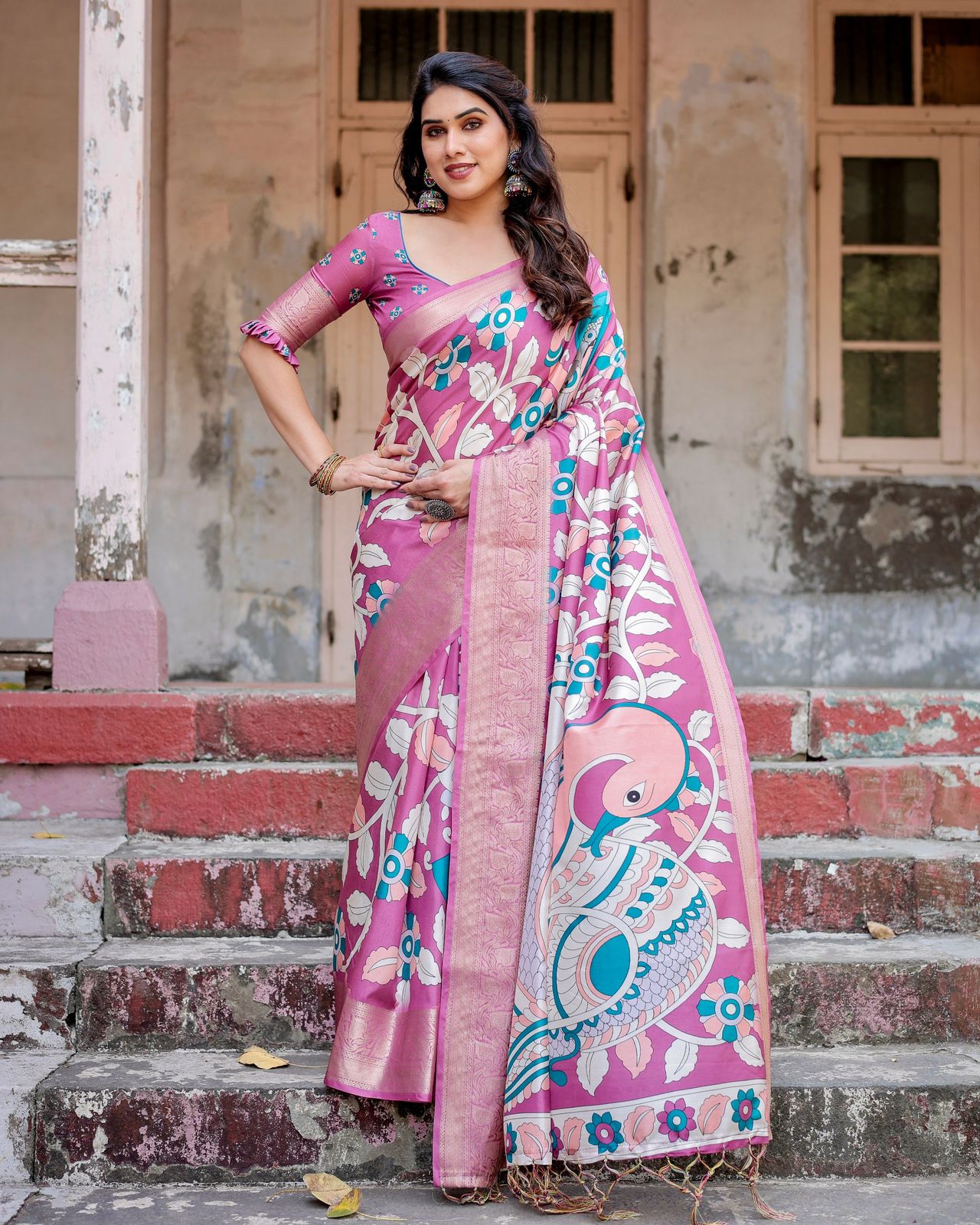 Imposing Pink Color Printed Silk Saree