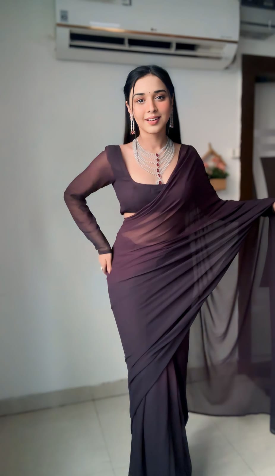 Imposing Coffee Color Ready To Wear Georgette Saree