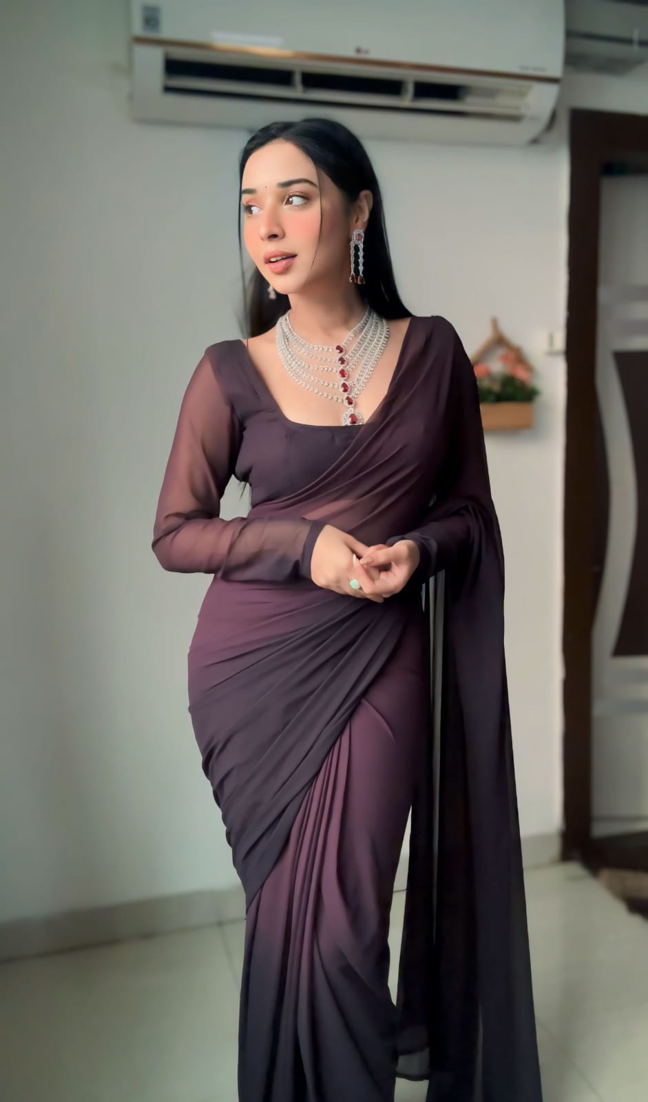 Imposing Coffee Color Ready To Wear Georgette Saree