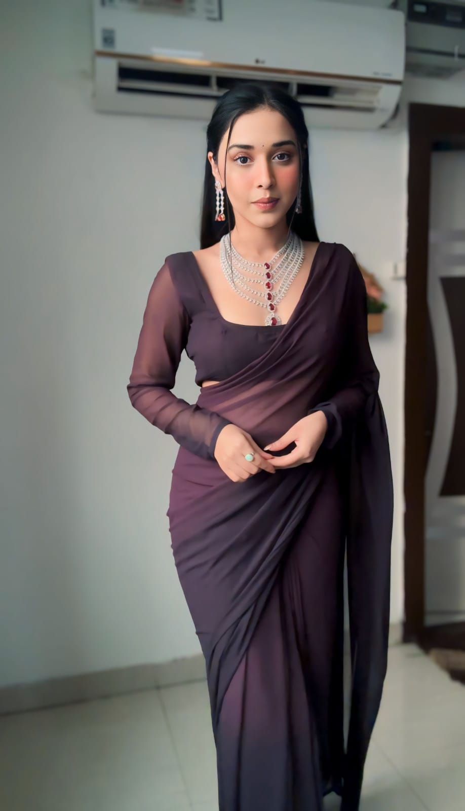 Imposing Coffee Color Ready To Wear Georgette Saree