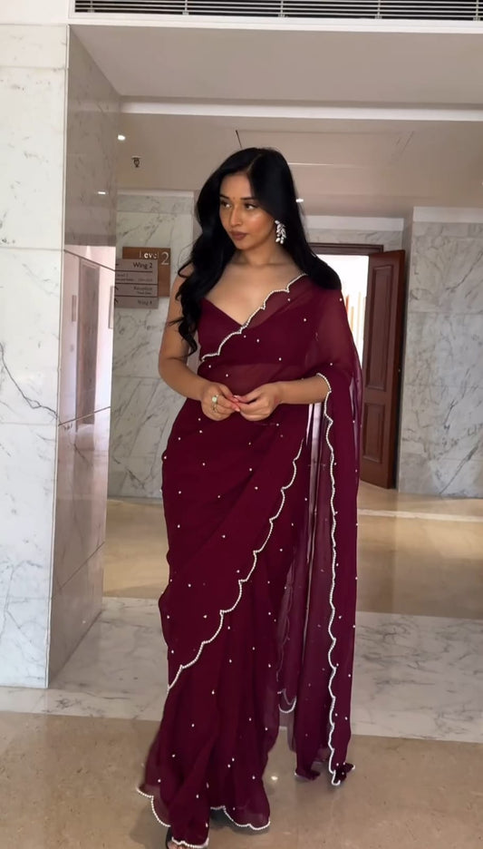 Mesmerizing Georgette Ready To Wear Maroon Color Saree