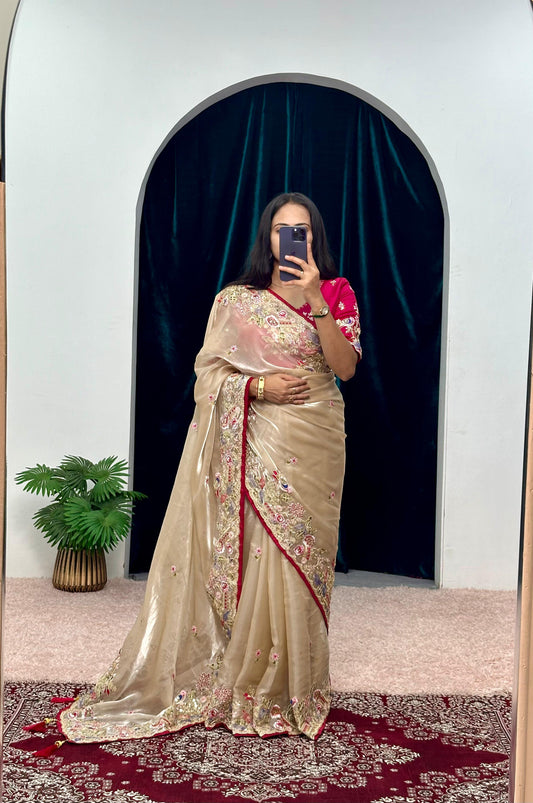 Embellished Jimmy Choo Beige Color Saree