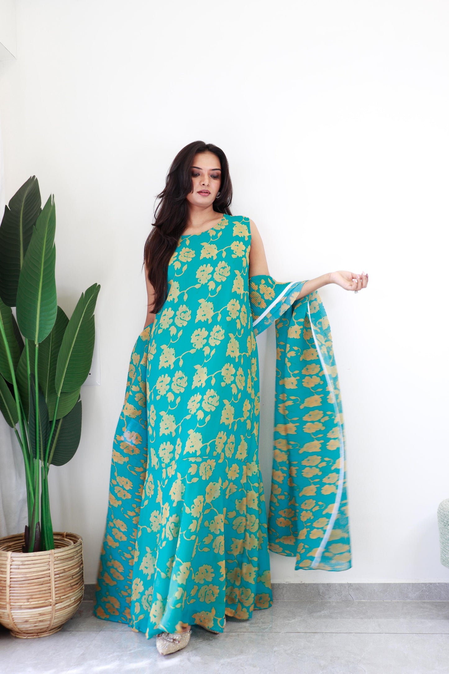 Beautiful Georgette Sky Color Gown With Saree