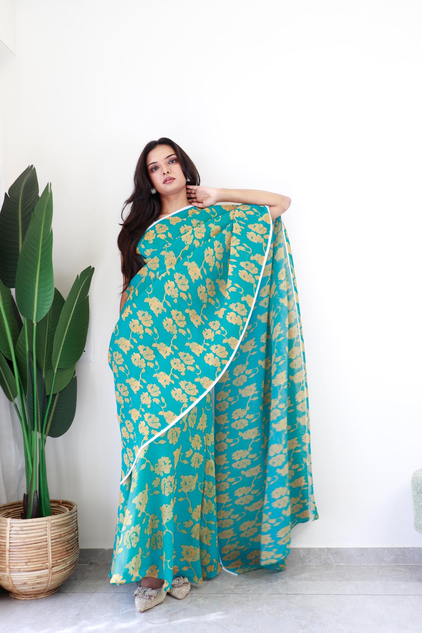 Beautiful Georgette Sky Color Gown With Saree