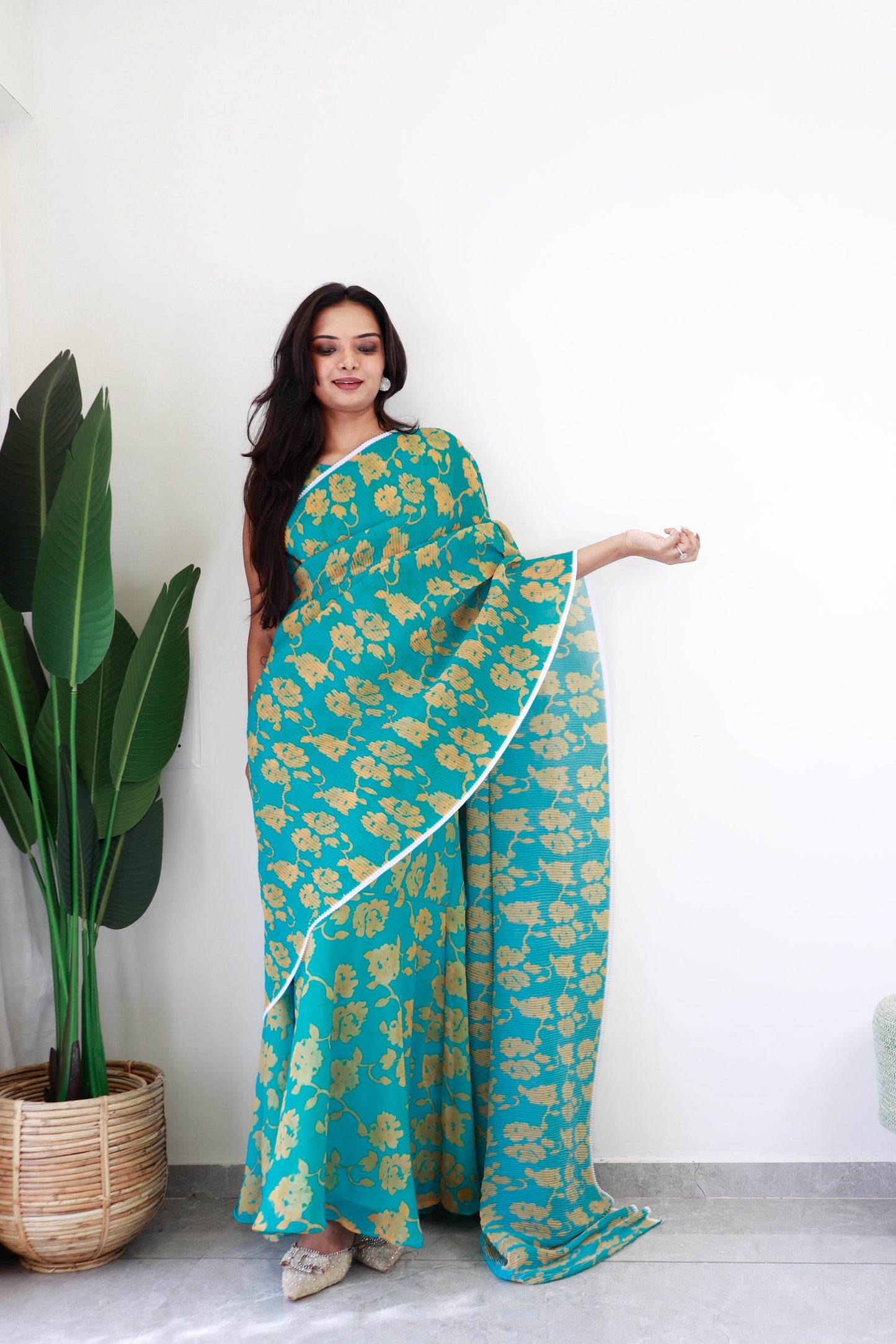 Beautiful Georgette Sky Color Gown With Saree