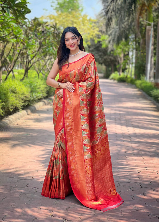 Marvelous Kanchipattu Silk Orange Color Saree