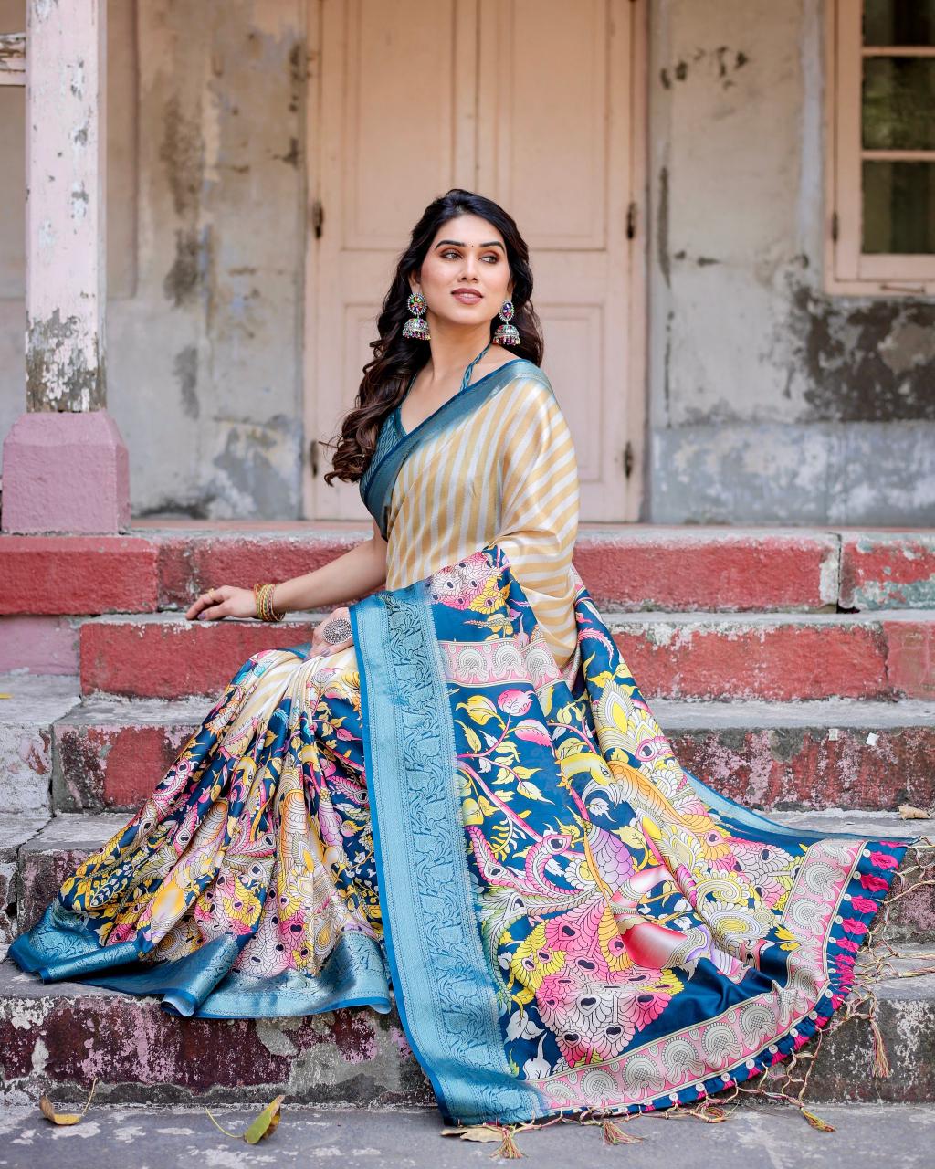 Beautiful Printed Silk Yellow Color Saree