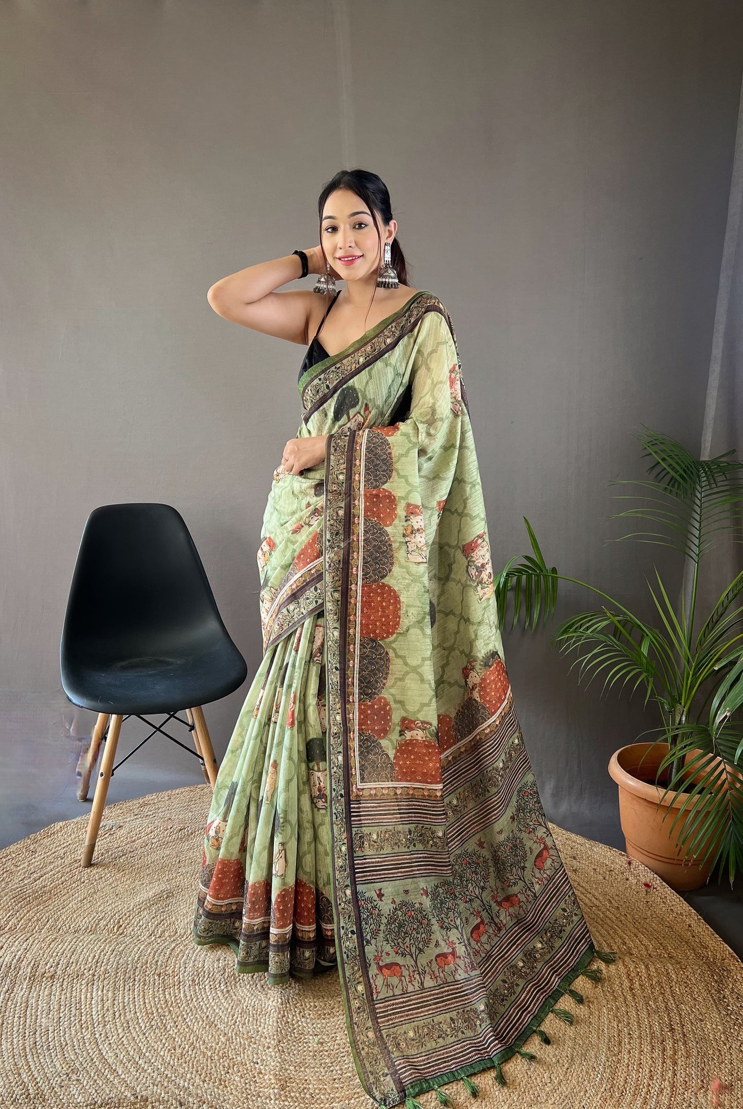 Decent Cotton Pista Color Silk Saree