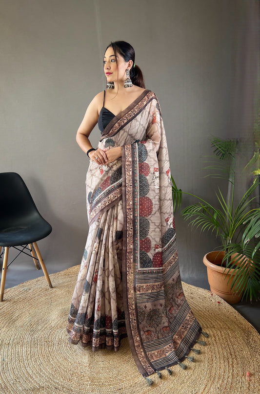 Decent Cotton Beige Color Silk Saree