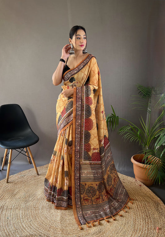 Decent Cotton Yellow Color Silk Saree