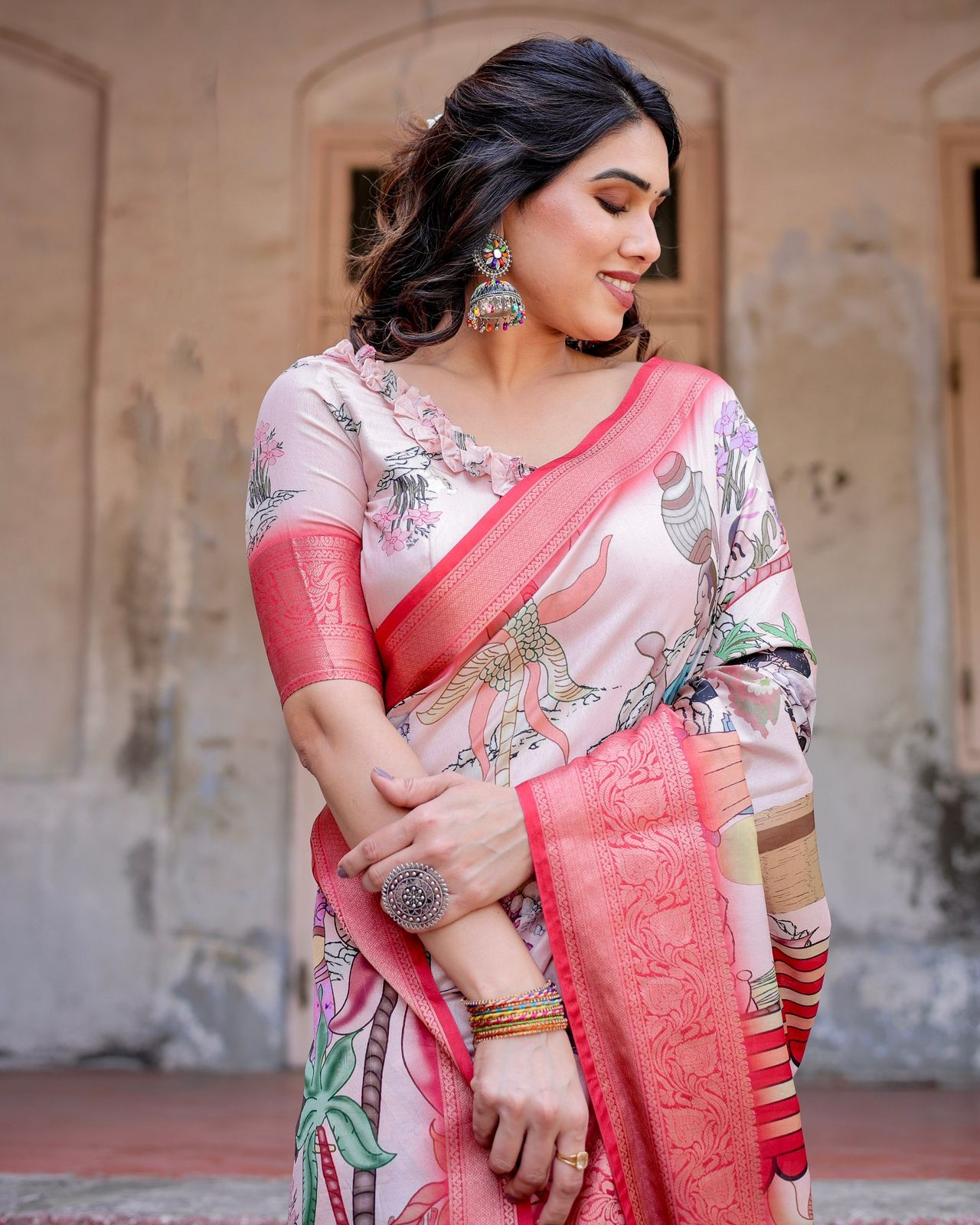 Beautiful Printed Silk Pink Color Saree