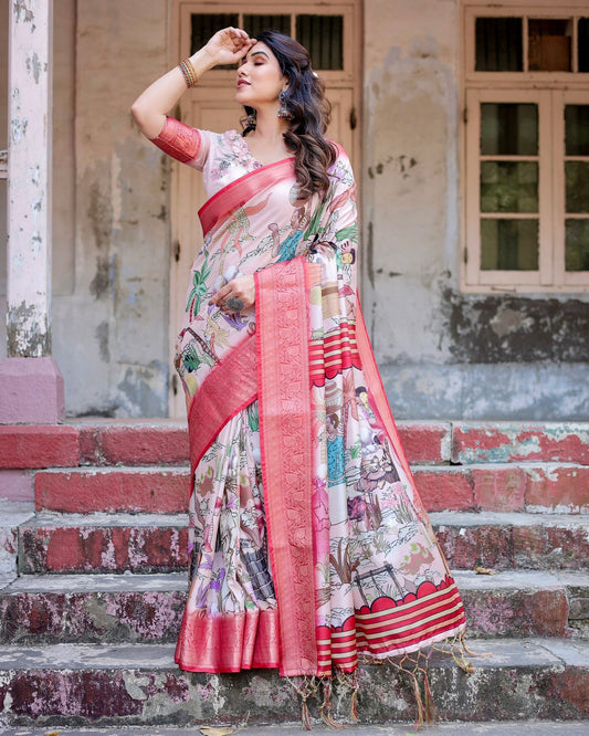 Beautiful Printed Silk Pink Color Saree