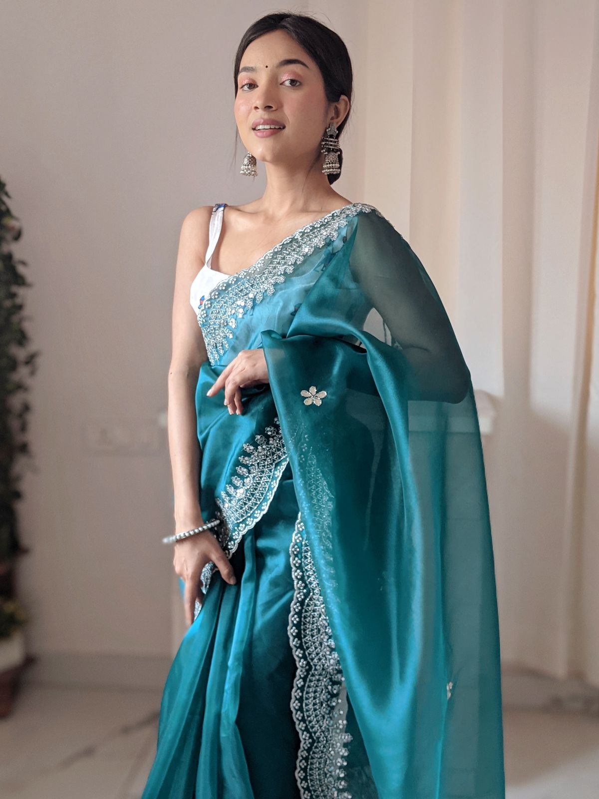 Beautiful Organza Silk Rama Color Saree