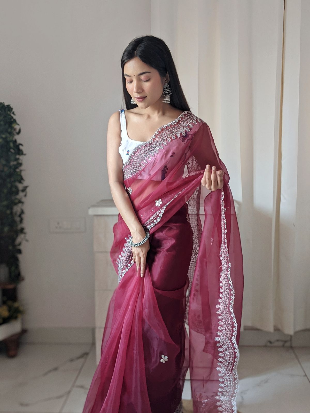 Beautiful Organza Silk Maroon Color Saree