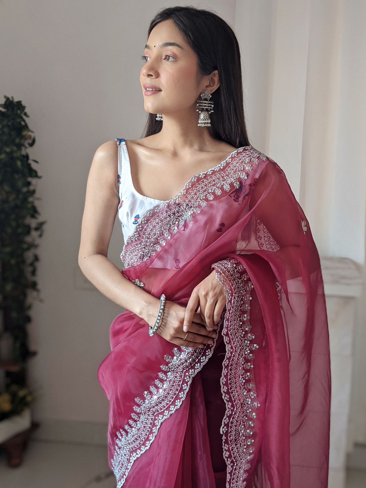 Beautiful Organza Silk Maroon Color Saree