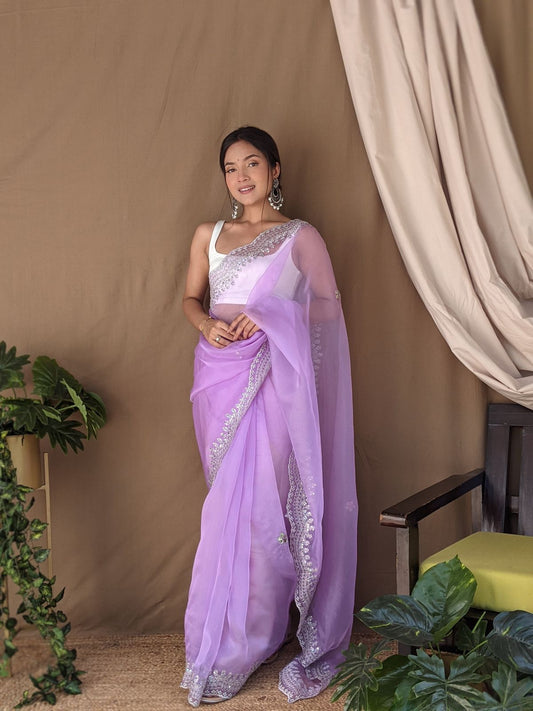 Beautiful Organza Silk Purple Color Saree