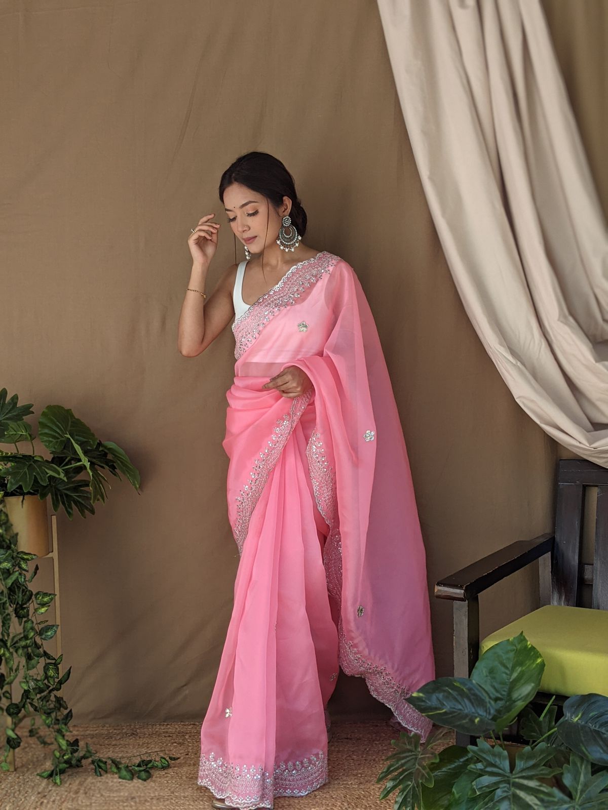 Beautiful Organza Silk Pink Color Saree