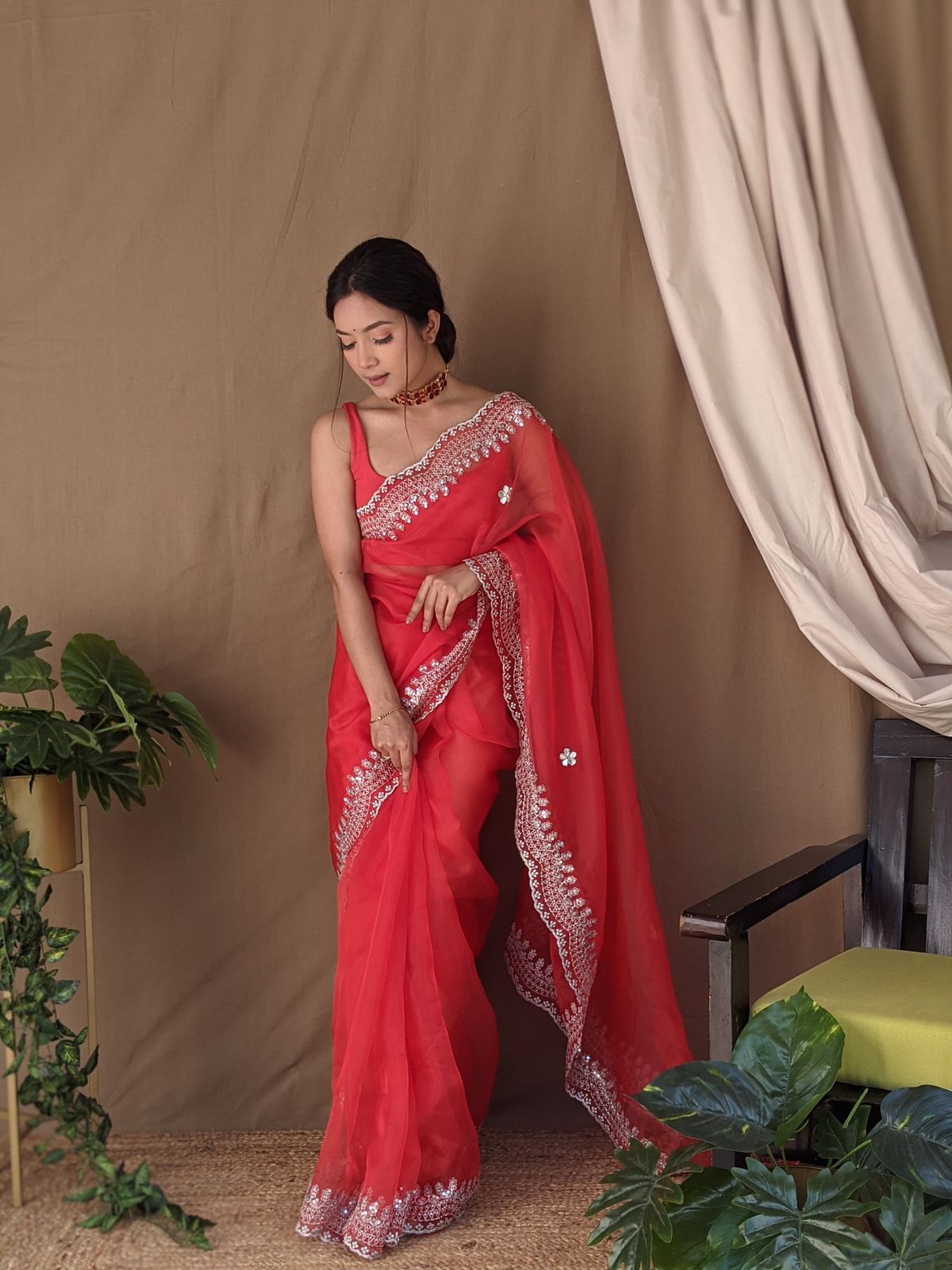 Beautiful Organza Silk Red Color Saree