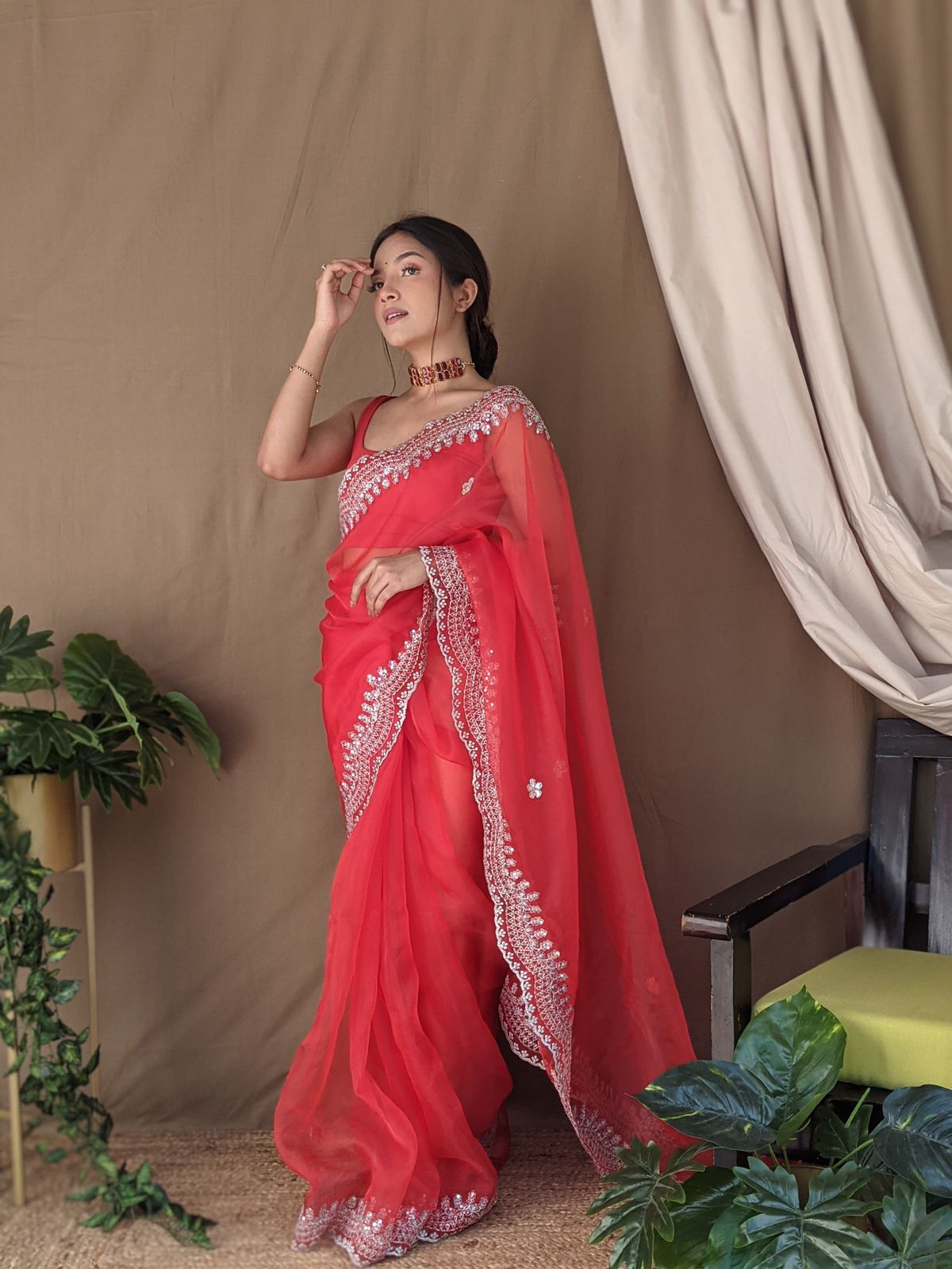 Beautiful Organza Silk Red Color Saree