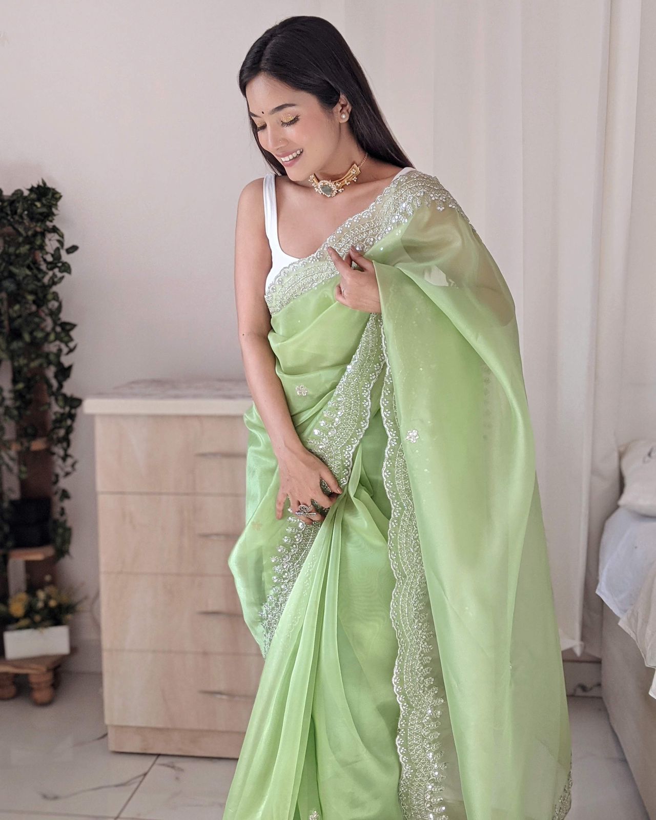 Beautiful Organza Silk Perrot Color Saree