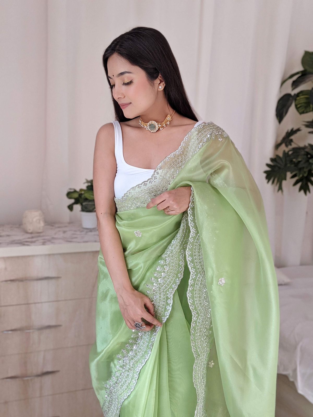 Beautiful Organza Silk Perrot Color Saree