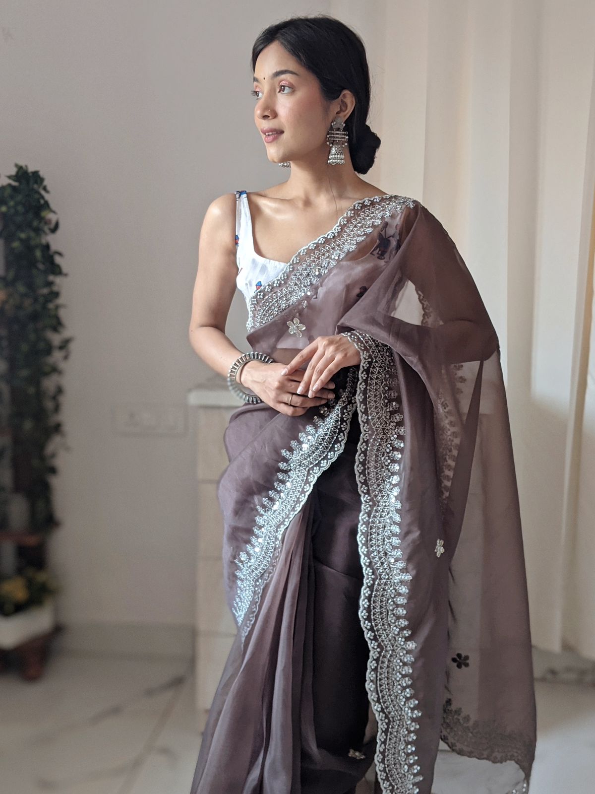 Beautiful Organza Silk Coffee Color Saree