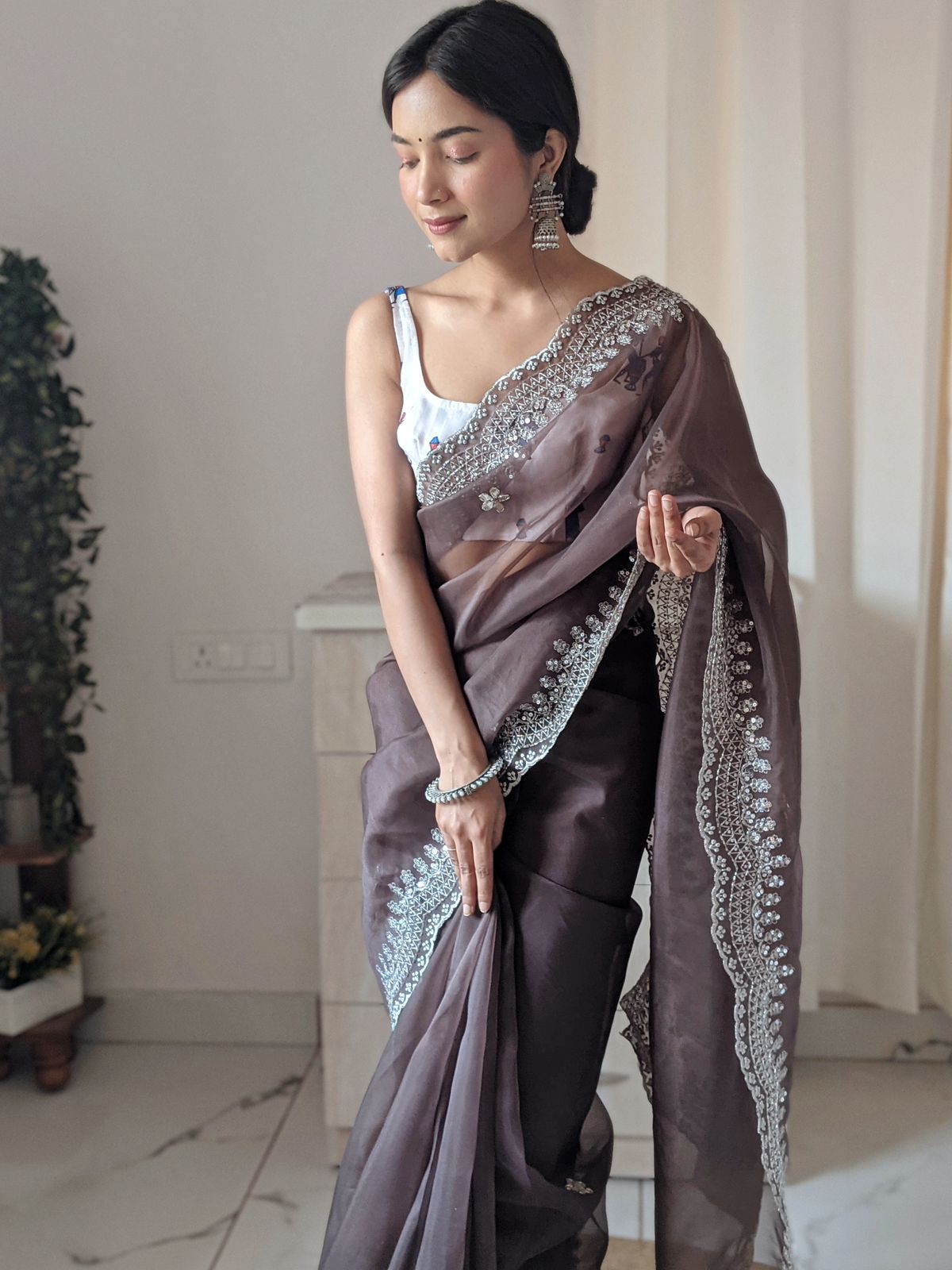 Beautiful Organza Silk Coffee Color Saree