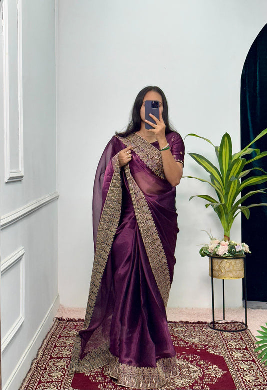 Wonderful Wine Color Burbary Silk Saree