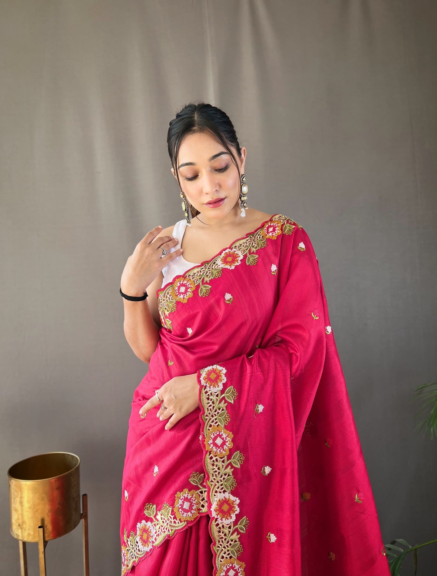 Opulent Embroided Buttis Pink Color Silk Saree