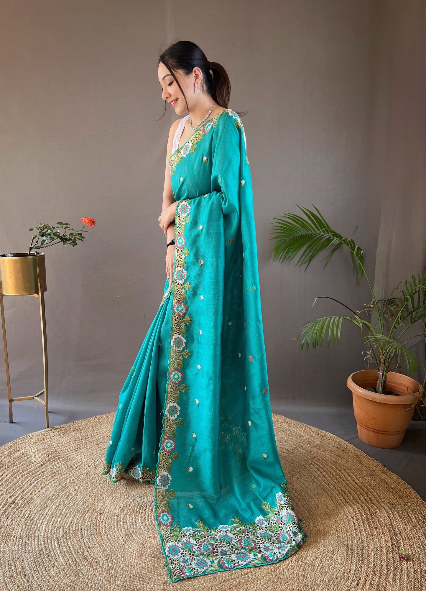 Opulent Embroided Buttis Sky Color Silk Saree