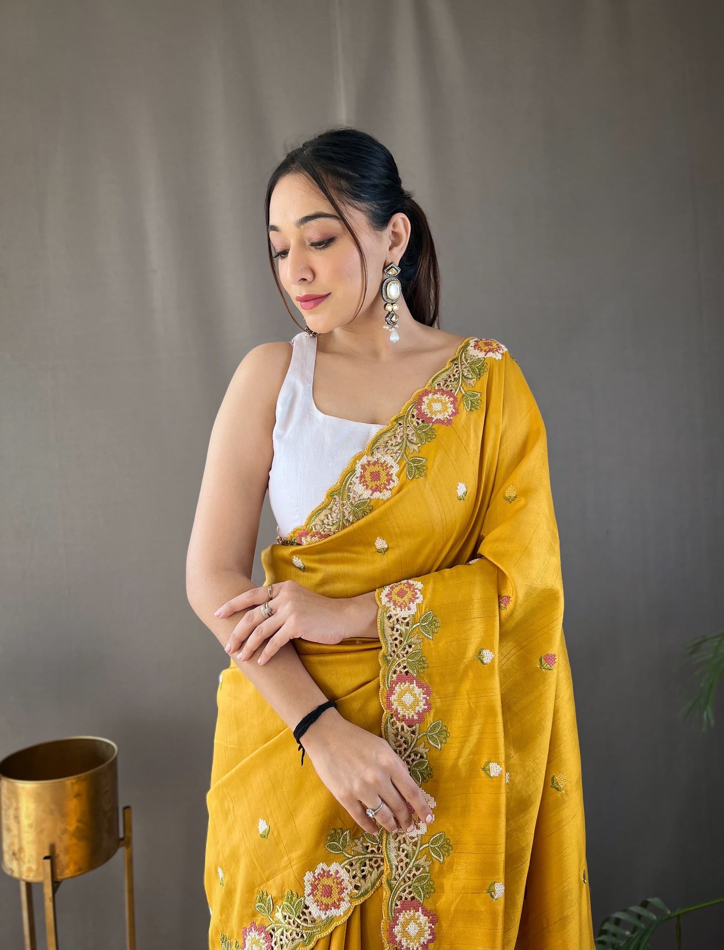 Opulent Embroided Buttis Haldi Wear Yellow Color Silk Saree