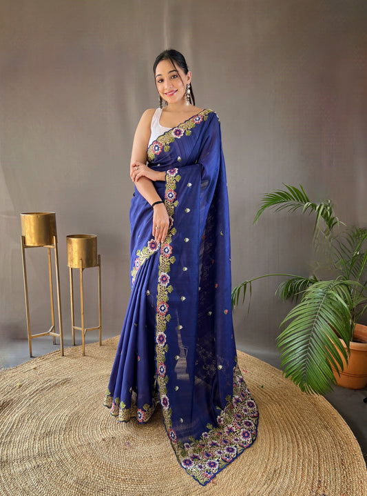 Opulent Embroided Buttis Royal Blue Color Silk Saree