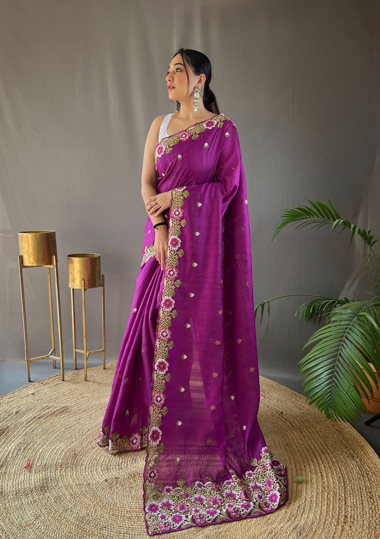 Opulent Embroided Buttis Rani Color Silk Saree