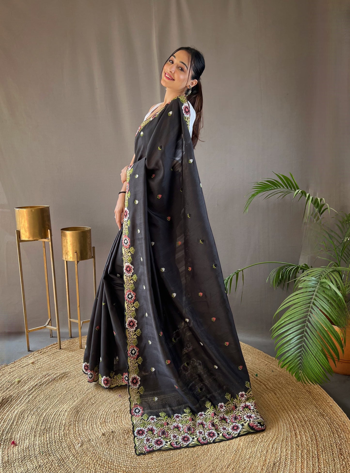 Opulent Embroided Buttis Black Color Silk Saree