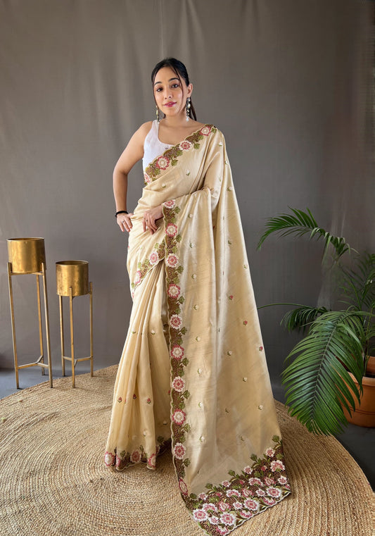 Opulent Embroided Buttis Beige Color Silk Saree