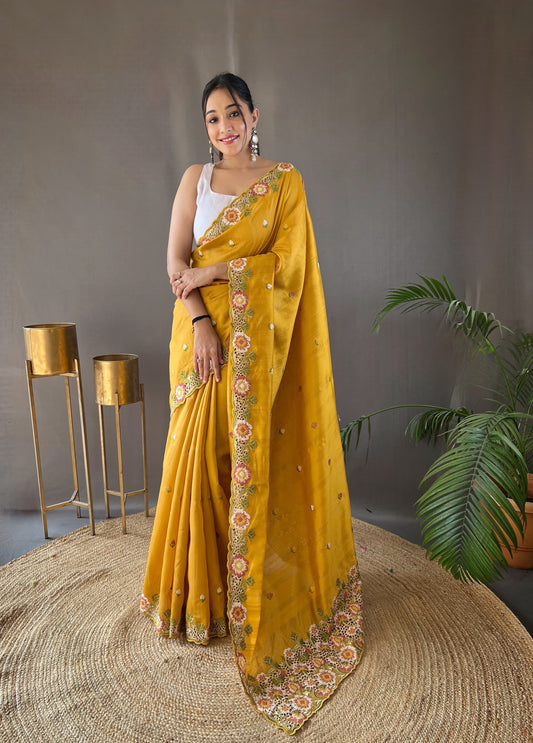 Opulent Embroided Buttis Haldi Wear Yellow Color Silk Saree