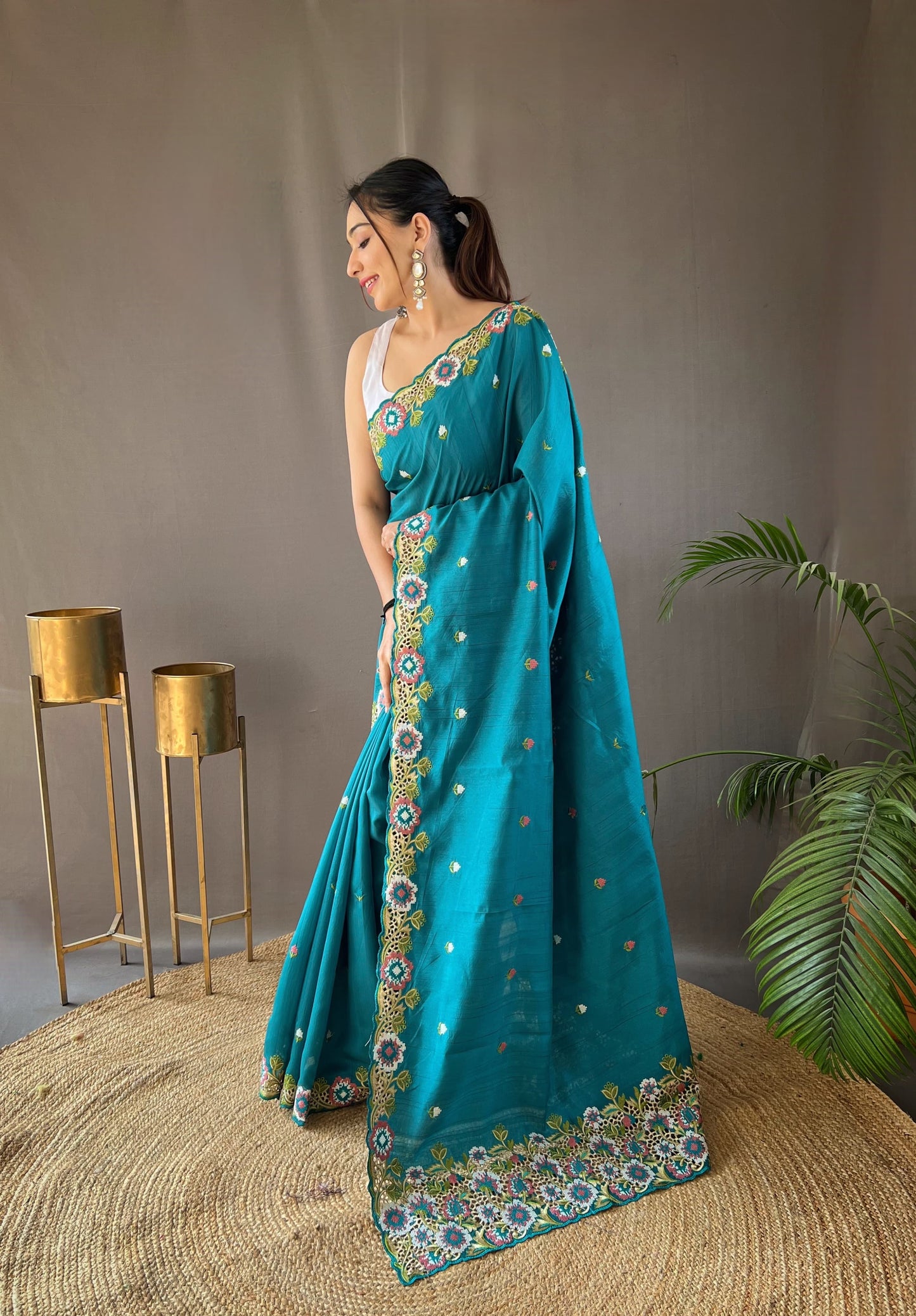 Opulent Embroided Buttis Blue Color Silk Saree