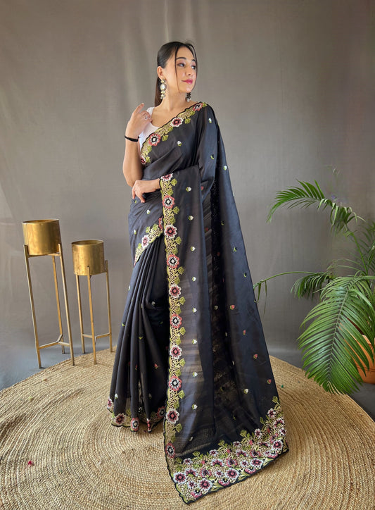 Opulent Embroided Buttis Black Color Silk Saree