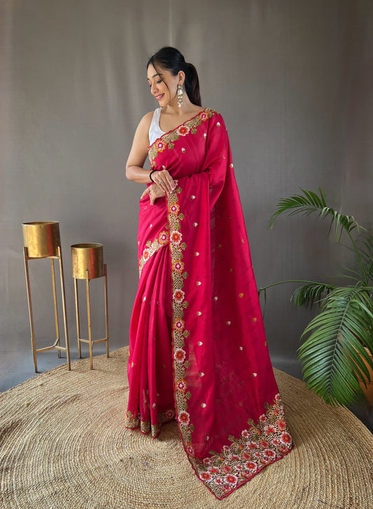 Opulent Embroided Buttis Pink Color Silk Saree