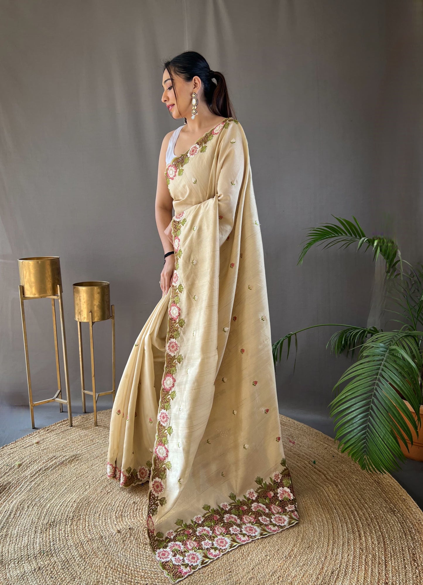 Opulent Embroided Buttis Beige Color Silk Saree