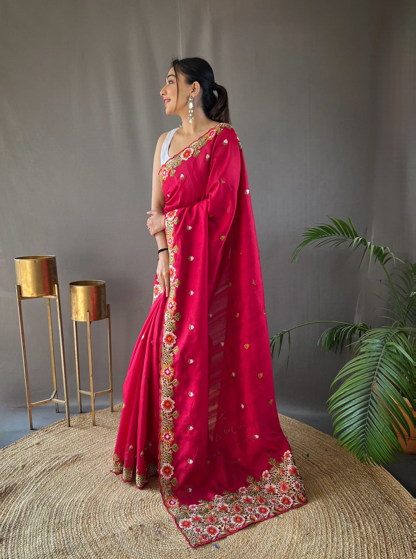 Opulent Embroided Buttis Pink Color Silk Saree