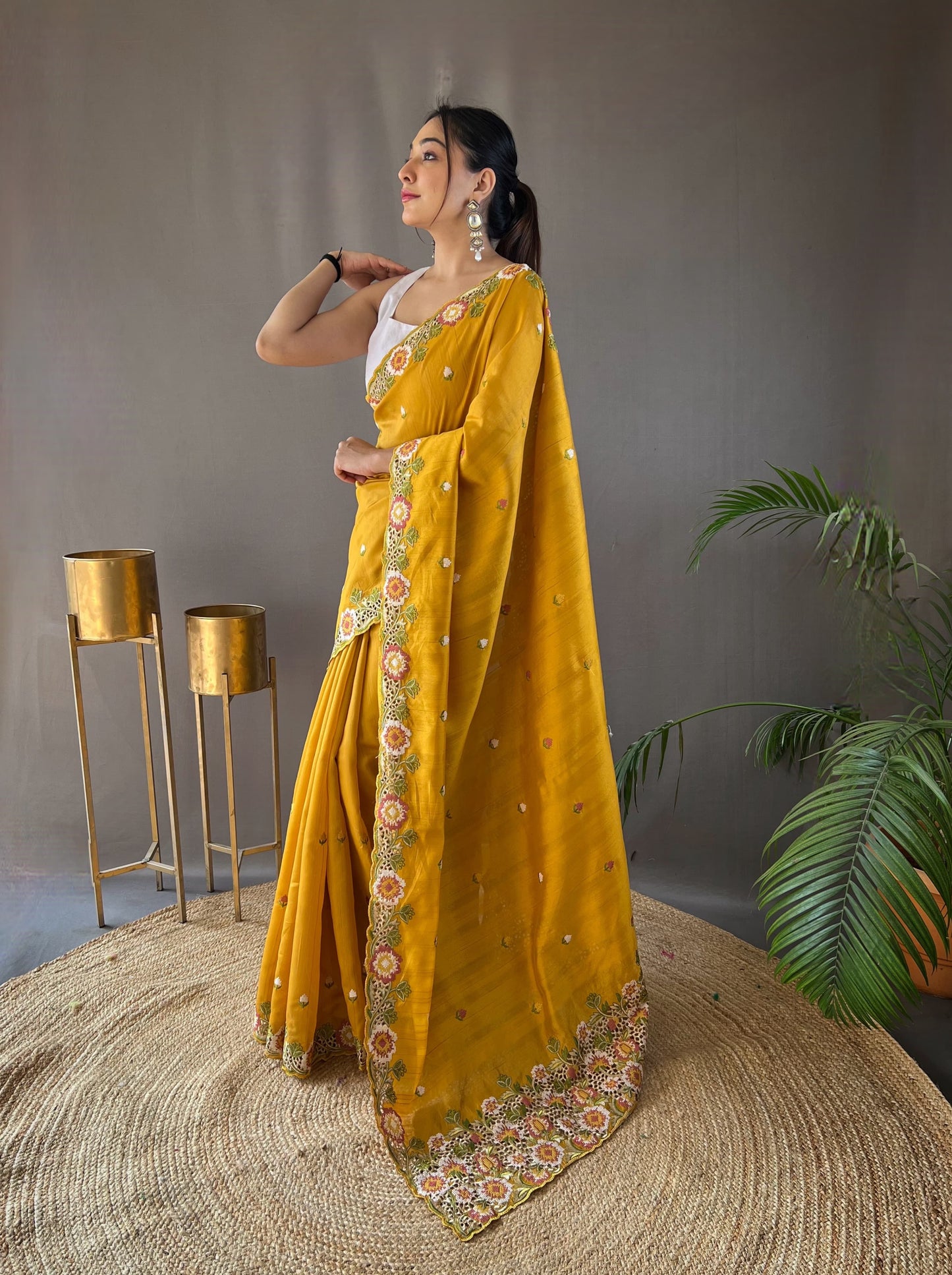 Opulent Embroided Buttis Haldi Wear Yellow Color Silk Saree