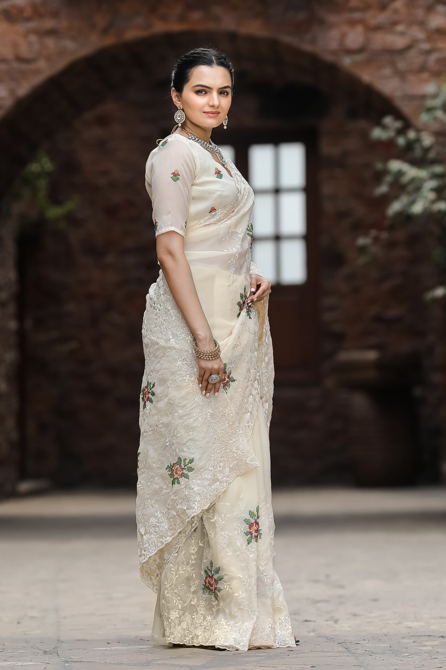 Imposing Cream Color Chiffon Silk Saree