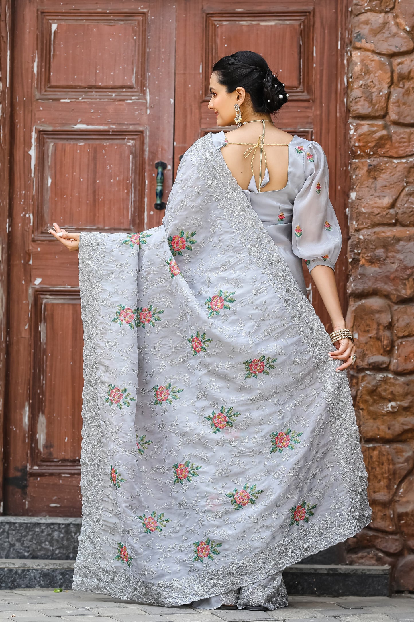 Imposing Grey Color Chiffon Silk Saree