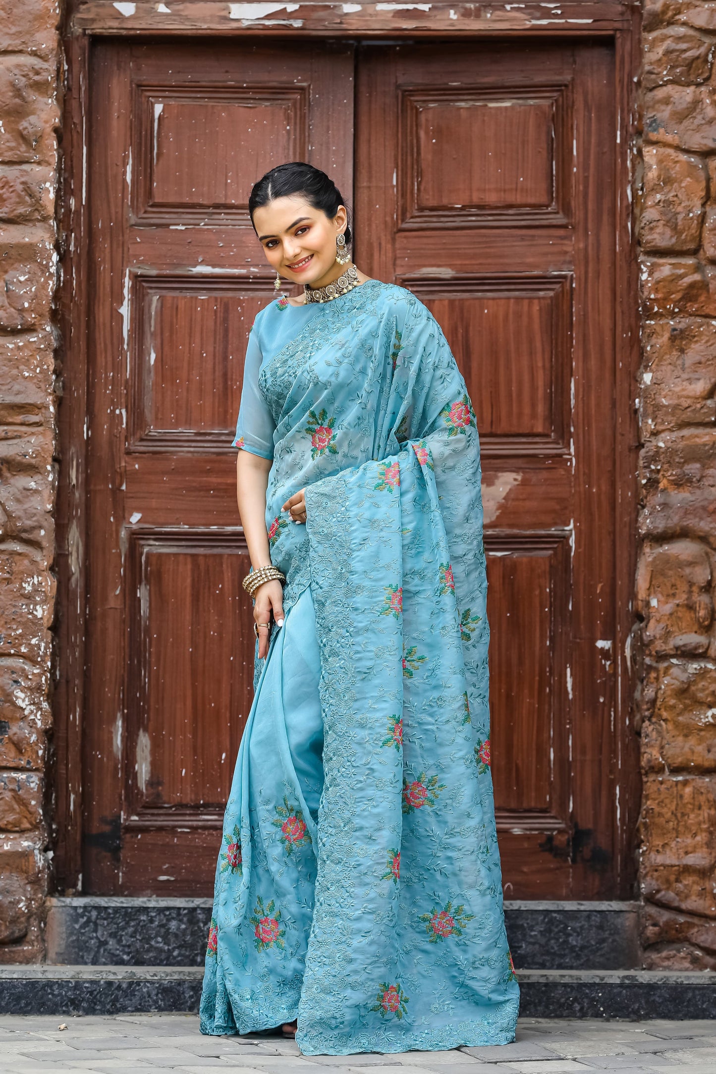 Imposing Sky Blue Color Chiffon Silk Saree