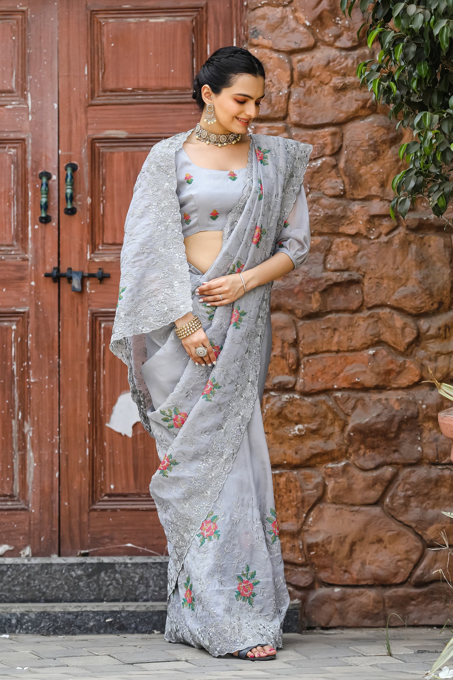 Imposing Grey Color Chiffon Silk Saree