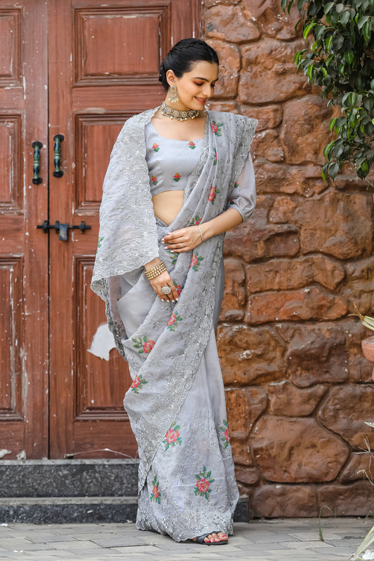 Imposing Grey Color Chiffon Silk Saree