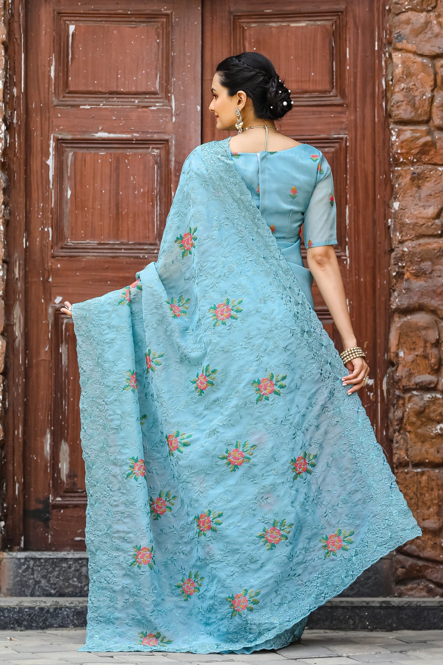 Imposing Sky Blue Color Chiffon Silk Saree