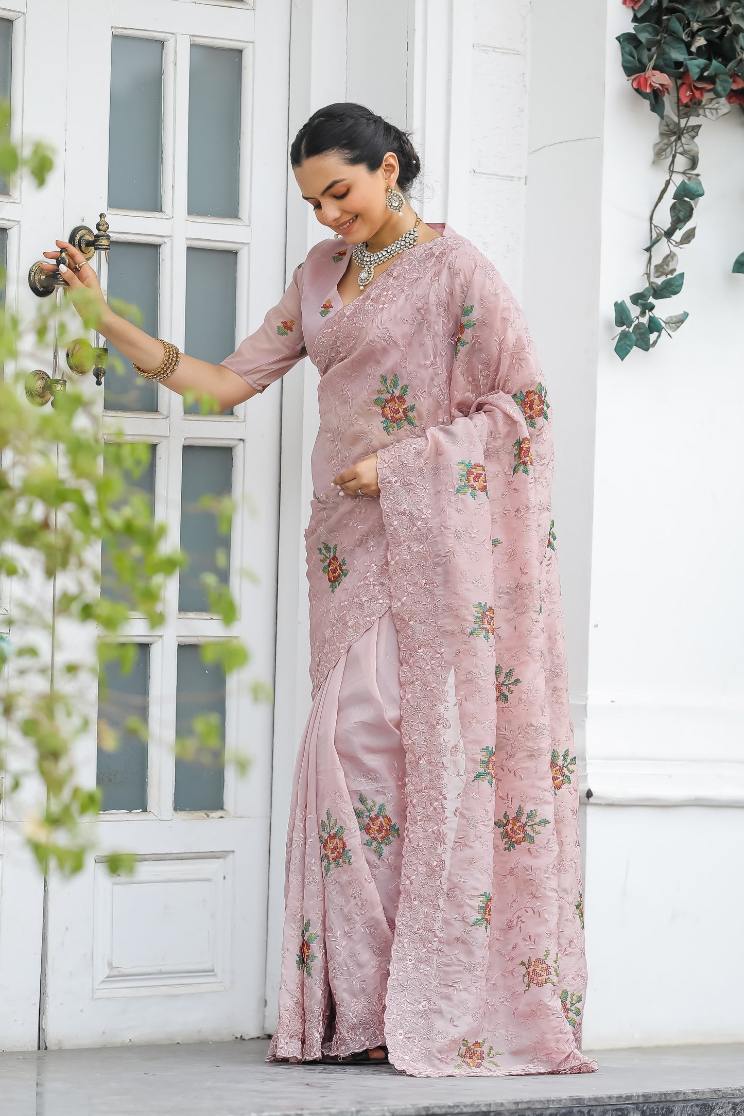 Imposing Pink Color Chiffon Silk Saree